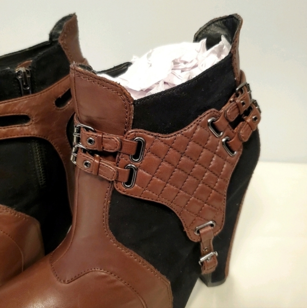 Sam Edelman Brown & Black Buckle Harness Zoe Leather Suede Wedge Ankle Boots sz9 - Picture 5 of 15